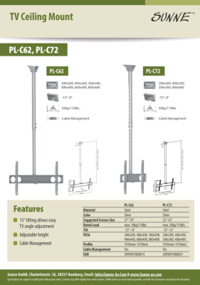 Sunne | Ceiling mount | PL-C62 | Tilt | 37-70 " | Maximum weight (capacity) 50 kg | Silver
