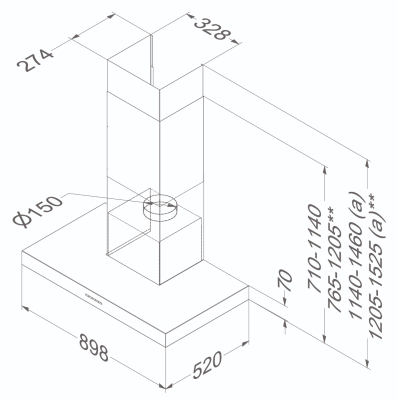Novy | Hood | Salsa 6510 | Wall mounted | Energy efficiency class A | Width 90 cm | 640 m³ / h | Push Buttons | LED | Stainless steel