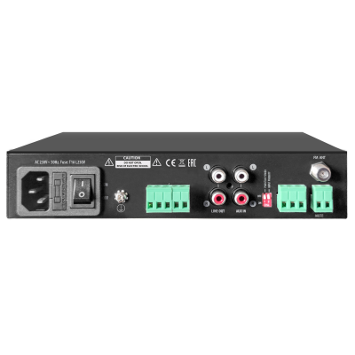 Shure | Yes | Outputs: Low impedance output: 4 Ω (Phoenix connector); Hi impedance: 100 V (Phoenix connector); Line output (stereo RCA). MIC inputs: Sensitivity: -45 dBu; Connector: MIC 1 – Phoenix; Priority: MIC 1 only, switchable; Phantom power: MIC