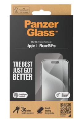PanzerGlass | Screen protector | Apple | iPhone 15 Pro | Glass | Clear | Easy installation; Fingerprint resistant; Anti-yellowing | Ultra-Wide Fit