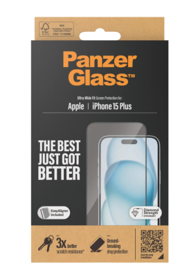 PanzerGlass | Screen protector | Apple | IPhone 15 Plus | Glass | Transparent | Ultra-wide fit, Scratch resistant, Drop protection, EasyAligner included