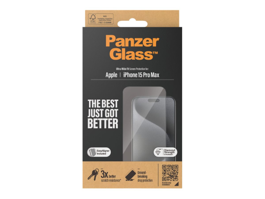 PanzerGlass | Screen protector | Apple | IPhone 15 Pro Max | Glass | Transparent | Ultra-wide fit, Scratch resistant, Drop protection, EasyAligner included