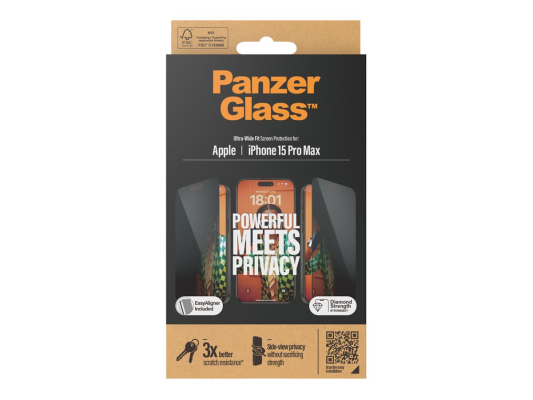 PanzerGlass | Privacy Screen Protector | Apple | iPhone 15 Pro Max | Tempered glass | Black | Ultra-Wide Fit W. Easyaligner