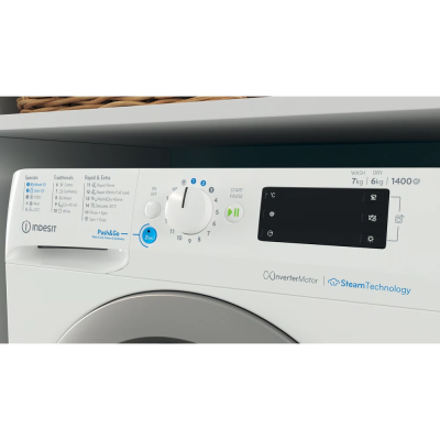 INDESIT | Washing machine with Dryer | BDE 76435 WSV EE | Energy efficiency class B / D | Front loading | Washing capacity 7 kg | 1351 RPM | Depth 54 cm | Width 60 cm | LCD | Drying system | Drying capacity 6 kg | Steam function |