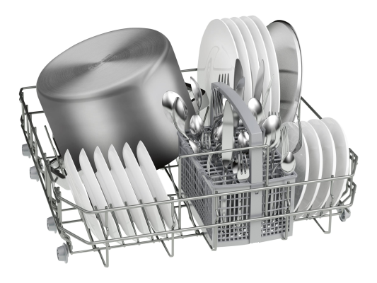 Dishwasher | SMS25AI05E | Free standing | Width 60 cm | Number of place settings 12 | Number of programs 5 | Energy efficiency class E | Display | AquaStop function | Silver inox