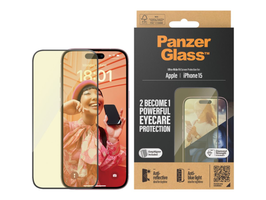 PanzerGlass | Screen protector | Apple | iPhone 15 | Glass | Clear | Ultra-Wide Fit; Easy installation; Fingerprint resistant; Anti-blue light; Anti-reflective; Anti-yellowing | Eyecare
