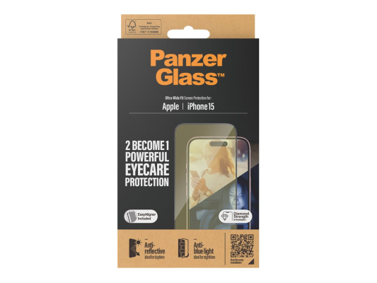 PanzerGlass | Screen protector | Apple | iPhone 15 | Glass | Clear | Ultra-Wide Fit; Easy installation; Fingerprint resistant; Anti-blue light; Anti-reflective; Anti-yellowing | Eyecare