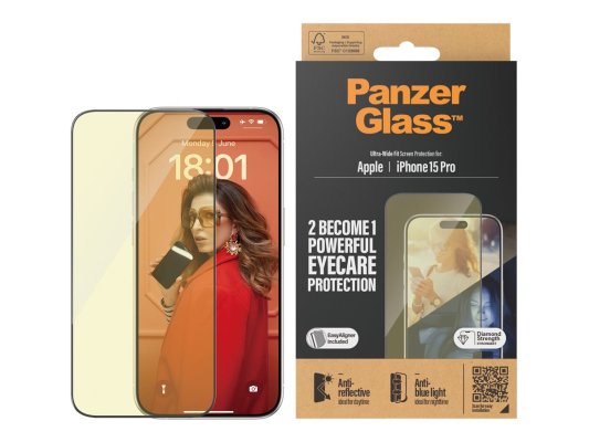 PanzerGlass | Screen protector | Apple | iPhone 15 Pro | Glass | Clear | Ultra-Wide Fit; Easy installation; Fingerprint resistant; Anti-blue light; Anti-reflective; Anti-yellowing | Eyecare