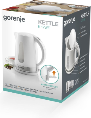 Gorenje | Kettle | K17WE | Electric | 2200 W | 1.7 L | Plastic / Metal | 360° rotational base | White