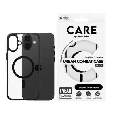 CARE by PanzerGlass Case Flagship Urban Combat | Back protection | Apple | iPhone 16 Plus | Recycled plastic | Transparent / Black | MagSafe