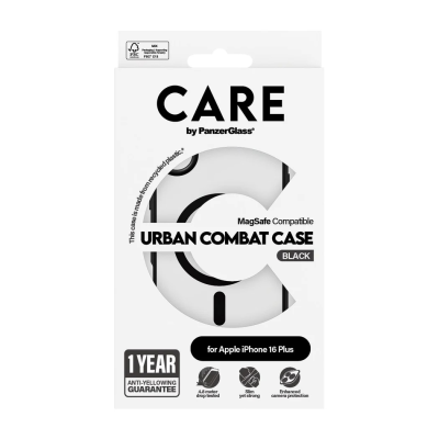CARE by PanzerGlass Case Flagship Urban Combat | Back protection | Apple | iPhone 16 Plus | Recycled plastic | Transparent / Black | MagSafe
