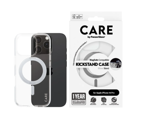 CARE Feature Case | Back cover | Apple | iPhone 16 PRO | Recycled plastic | Silver | Kickstand & MagSafe