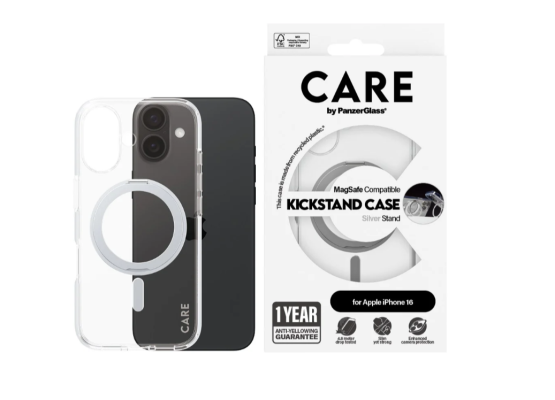 CARE Feature Case | Back cover | Apple | iPhone 16 | Recycled plastic | Silver | Kickstand & MagSafe