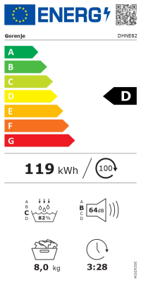 Gorenje Dryer Machine | DHNE82 | Energy efficiency class Class D | Front loading | 8 kg | LED | Depth 55 cm | White