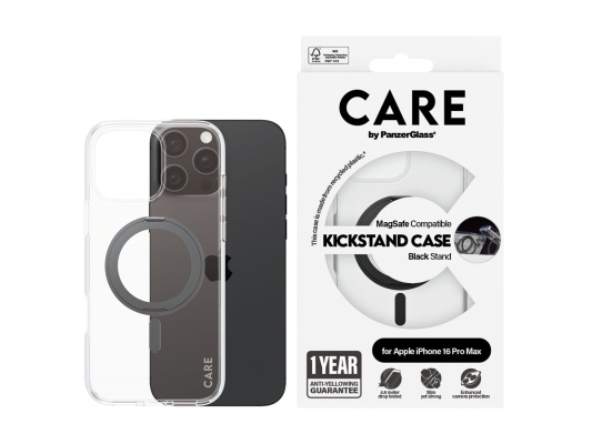 CARE by PanzerGlassFeature Case Transparent w. Black Kickstand & MagSafe iPhone 16 Pro Max | CARE