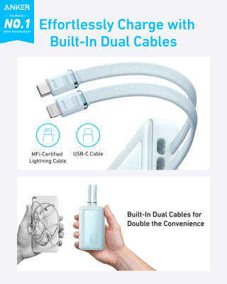 Anker Power Bank with Built-In USB-C and + Lighting Cable | A1680031 | 10000 mAh | 30W | Blue