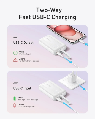 Anker Power Bank, Built-In USB-C Cable, 30W | A1688H21 | 10000 mAh | White