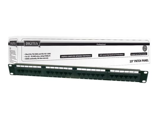 Digitus | Patch Panel | DN-91524U | Black | Category: CAT 5e; Ports: 24 x RJ45; Retention strength: 7.7 kg; Insertion force: 30N max | 48.2 x 4.4 x 10.9 cm