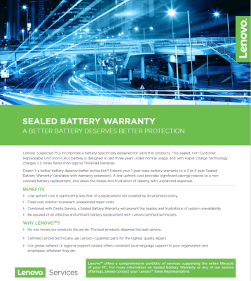Lenovo | Warranty 3Y Sealed Battery Add On Replacement | Next Business Day (NBD) | 3 year(s) | On-site