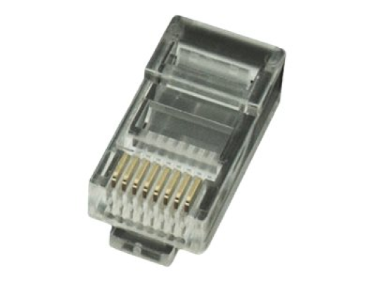 Modular plug 8P8C for solid LAN cable CAT5, UTP, 10 pcs. per bag | Modular 8P8C RJ45 plug, 30u” gold plated, 3-fork internal contacts for use with solid LAN cables