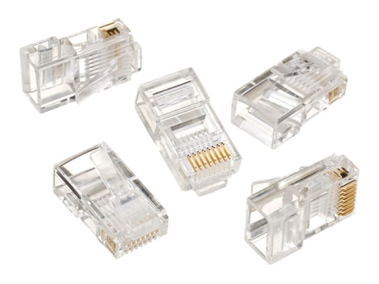 Modular plug 8P8C for solid LAN cable CAT5, UTP, 10 pcs. per bag | Modular 8P8C RJ45 plug, 30u” gold plated, 3-fork internal contacts for use with solid LAN cables