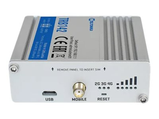 LTE Gateway | TRB142 | No Wi-Fi | Ethernet LAN (RJ-45) ports 0 | Mesh Support No | MU-MiMO No | 2G / 3G / 4G | Antenna type 1 x SMA for LTE | 1 x Virtual network interface via micro USB