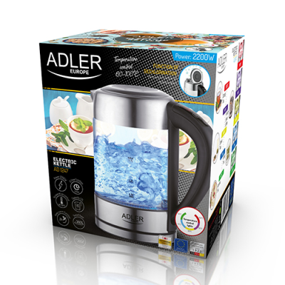 Adler | Kettle | AD 1247 NEW | With electronic control | 1850 - 2200 W | 1.7 L | Stainless steel, glass | 360° rotational base | Stainless steel / Transparent