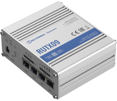 Rugged Industrial LTE-A Cat6 Router | RUTX09 | No Wi-Fi | 10 / 100 / 1000 Mbit / s | Ethernet LAN (RJ-45) ports 4 | Mesh Support No | MU-MiMO No | 2G / 3G / 4G