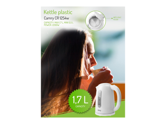 Camry | Kettle | CR 1254 | Standard | 2200 W | 1.7 L | Plastic | 360° rotational base | White