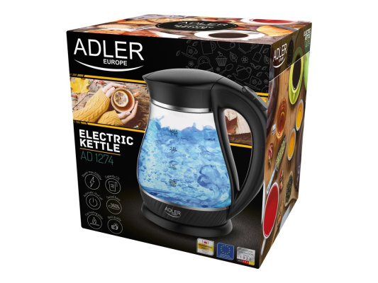 Adler | Kettle | AD 1274 | Standard | 2200 W | 1.7 L | Plastic / Glass | 360° rotational base | Black / transparent