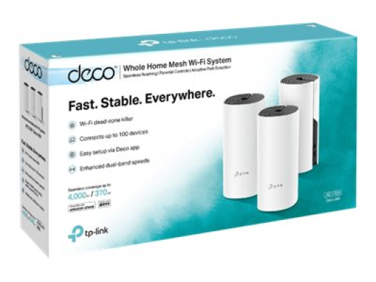 Whole Home Mesh WiFi System | Deco M4 (3-Pack) | 802.11ac | 300+867 Mbit / s | 10 / 100 / 1000 Mbit / s | Ethernet LAN (RJ-45) ports 2 | Mesh Support Yes | MU-MiMO Yes | No mobile broadband | Antenna type 2xInternal | No