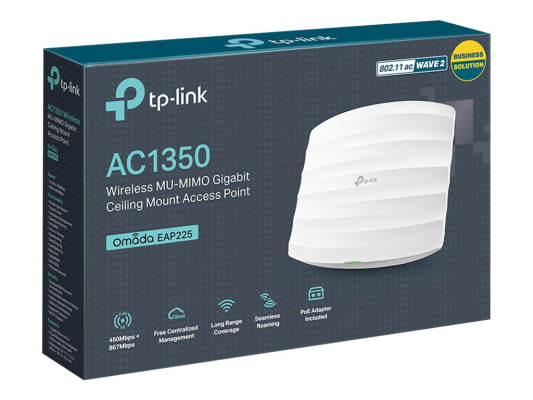 TP-LINK | Access Point | EAP225 | 802.11ac | 2.4GHz / 5GHz | 450+867 Mbit / s | 10 / 100 / 1000 Mbit / s | Ethernet LAN (RJ-45) ports 1 | MU-MiMO Yes | PoE in | Antenna type 5xInternal