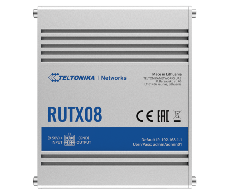 Industrial Router | RUTX08 | No Wi-Fi | 10 / 100 / 1000 Mbit / s | Ethernet LAN (RJ-45) ports 4 | Mesh Support No | MU-MiMO No | No mobile broadband | 1 | 24 month(s)