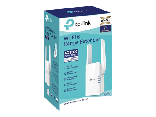 TP-LINK | Extender | RE505X | 802.11ax | 2.4GHz / 5GHz | 300+1200 Mbit / s | 10 / 100 / 1000 Mbit / s | Ethernet LAN (RJ-45) ports 1 | MU-MiMO No | no PoE | Antenna type 2xExternal