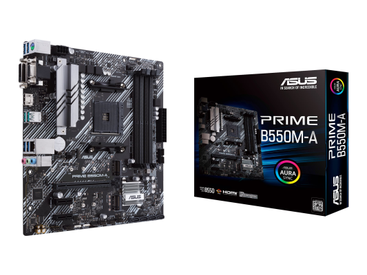 Asus | PRIME B550M-A | Processor family AMD | Processor socket AM4 | DDR4 | Memory slots 4 | Supported hard disk drive interfaces M.2, SATA | Number of SATA connectors 4 | Chipset AMD B | Micro ATX