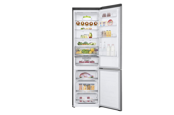 LG | Refrigerator | GBB72PZDMN | Energy efficiency class E | Free standing | Combi | Height 203 cm | No Frost system | Fridge net capacity 277 L | Freezer net capacity 107 L | Display | 36 dB | Silver