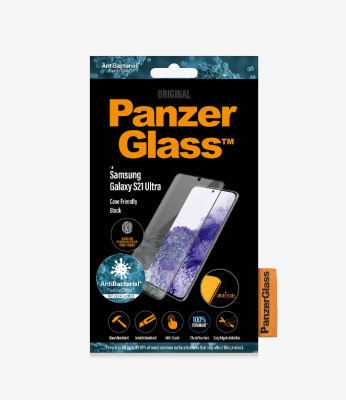 PanzerGlass | Samsung | Galaxy S21 Ultra Series | Antibacterial glass | Black | Case Friendly, Compatible with the in-screen fingerprint reader | Antifingerprint screen protector