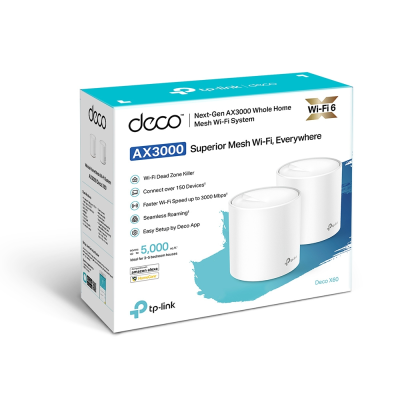 AX3000 Whole Home Mesh Wi-Fi 6 System | Deco X60 (2-pack) | 802.11ax | 2402+574 Mbit / s | 10 / 100 / 1000 Mbit / s | Ethernet LAN (RJ-45) ports 2 | Mesh Support Yes | MU-MiMO Yes | Antenna type 4xInternal per Deco uni