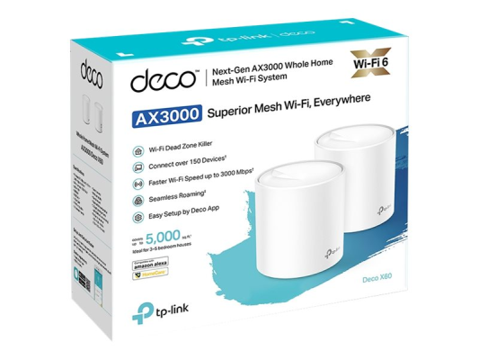 AX3000 Whole Home Mesh Wi-Fi 6 System | Deco X60 (2-pack) | 802.11ax | 2402+574 Mbit / s | 10 / 100 / 1000 Mbit / s | Ethernet LAN (RJ-45) ports 2 | Mesh Support Yes | MU-MiMO Yes | Antenna type 4xInternal per Deco uni