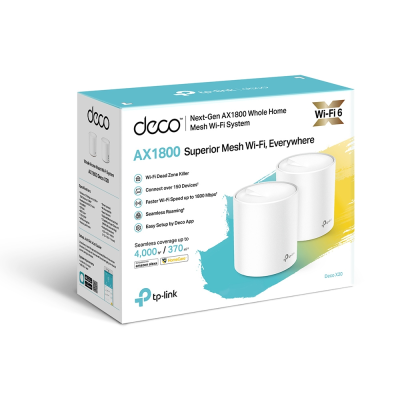 AX1800 Whole Home Mesh Wi-Fi 6 System | Deco X20 (2-pack) | 802.11ax | 1201+574 Mbit / s | 10 / 100 / 1000 Mbit / s | Ethernet LAN (RJ-45) ports 2 | Mesh Support Yes | MU-MiMO Yes | No mobile broadband | Antenna type 4xInternal per Deco 