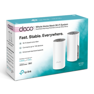 C1200 Whole Home Mesh Wi-Fi System | Deco E4 (2-pack) | 802.11ac | 867+300 Mbit / s | 10 / 100 Mbit / s | Ethernet LAN (RJ-45) ports 2 | Mesh Support Yes | MU-MiMO Yes | No mobile broadband | Antenna type 2xInternal