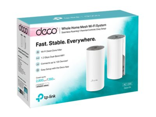 C1200 Whole Home Mesh Wi-Fi System | Deco E4 (2-pack) | 802.11ac | 867+300 Mbit / s | 10 / 100 Mbit / s | Ethernet LAN (RJ-45) ports 2 | Mesh Support Yes | MU-MiMO Yes | No mobile broadband | Antenna type 2xInternal