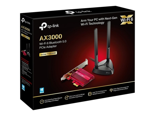 TP-LINK | AX3000 Wi-Fi 6 Bluetooth 5.0 PCIe Adapter | TX3000E | 2.4GHz / 5GHz | Antenna type 2xHigh-Gain External Antennas | 574+2402 Mbit / s
