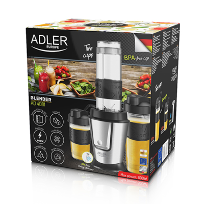 Adler | Blender | AD 4081 | Tabletop | 800 W | Jar material BPA Free Plastic | Jar capacity 0.4 + 0.57 L | Ice crushing | Black / Stainless steel