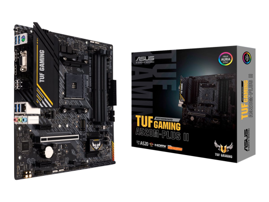 Asus | TUF GAMING A520M-PLUS II | Processor family AMD | Processor socket AM4 | DDR4 DIMM | Memory slots 4 | Supported hard disk drive interfaces SATA, M.2 | Number of SATA connectors 4 | Chipset AMD A520 | Micro ATX