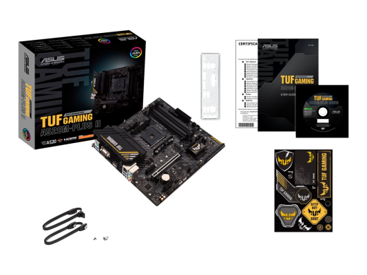 Asus | TUF GAMING A520M-PLUS II | Processor family AMD | Processor socket AM4 | DDR4 DIMM | Memory slots 4 | Supported hard disk drive interfaces SATA, M.2 | Number of SATA connectors 4 | Chipset AMD A520 | Micro ATX