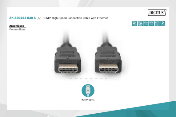 Digitus | High Speed HDMI Cable with Ethernet | AK-330114-030-S | HDMI male (type A) | HDMI male (type A) | HDMI to HDMI | 3 m
