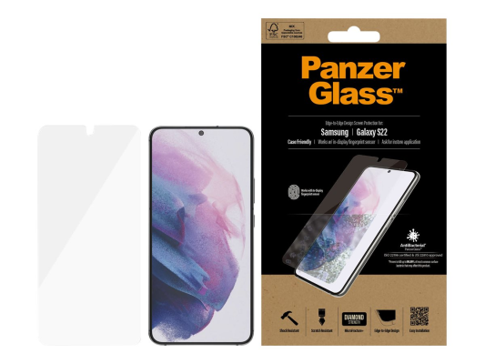 PanzerGlass | Samsung | Galaxy S22 | Tempered glass | Transparent | Case friendly. Compatible with ultrasonic fingerprint sensor. 100 % touch sensitivity. Antibacterial (ISO 22196 certified & JIS 22810 approved) | Screen Protector