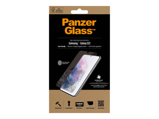 PanzerGlass | Samsung | Galaxy S22 | Tempered glass | Transparent | Case friendly. Compatible with ultrasonic fingerprint sensor. 100 % touch sensitivity. Antibacterial (ISO 22196 certified & JIS 22810 approved) | Screen Protector