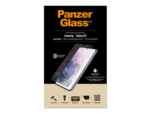 PanzerGlass | Samsung | Galaxy S22 | Tempered glass | Transparent | Case friendly. Compatible with ultrasonic fingerprint sensor. 100 % touch sensitivity. Antibacterial (ISO 22196 certified & JIS 22810 approved) | Screen Protector
